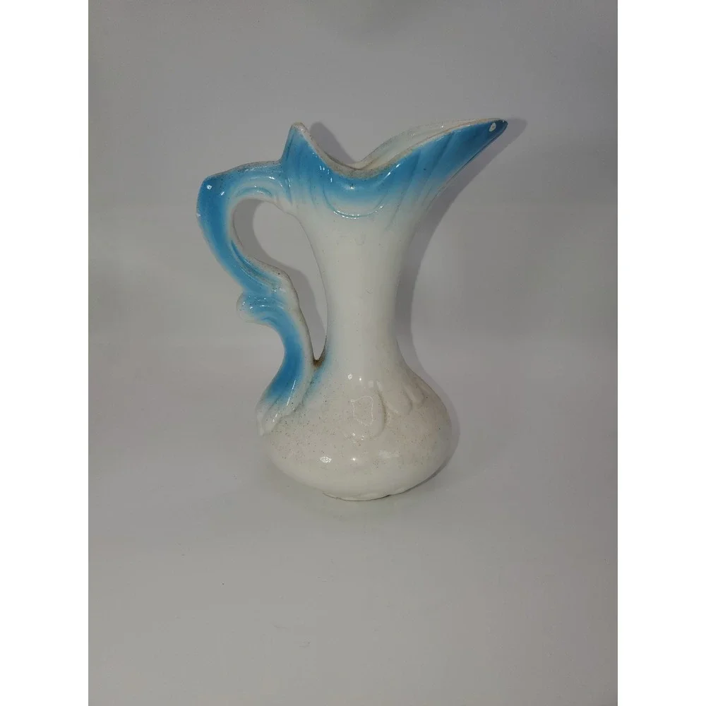 Vintage Blue White Ceramic Miniature Pitcher and Rose Footed Bowl Set